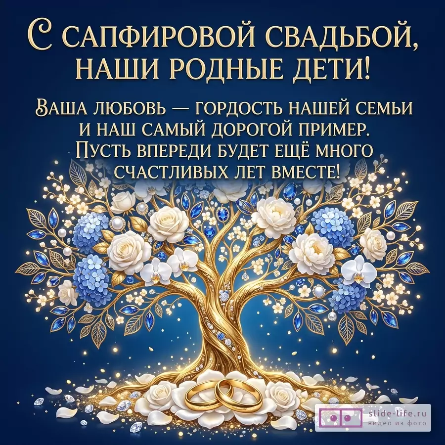 Темно-синий фон, золотое дерево с белыми и голубыми цветами, кольца у основания. Текст: «С САПФИРОВОЙ СВАДЬБОЙ, НАШИ РОДНЫЕ ДЕТИ! …»