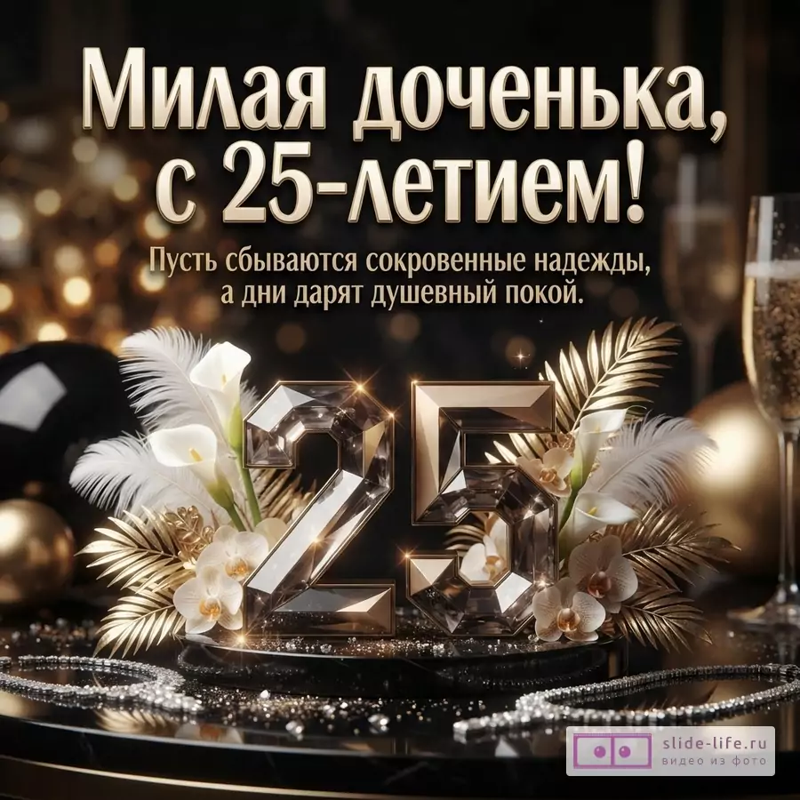 Объемная цифра 25 в окружении белых цветов, перьев и золотых листьев на темном фоне с бокалом и надписью: «Милая доченька, с 25-летием! Пусть сбываются сокровенные надежды, а дни дарят душевный покой.»