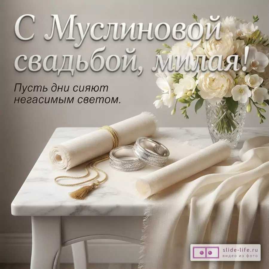 Открытка с Муслиновой свадьбой. Фон серый, на столе белая скатерть, ваза с белыми цветами, два кольца, свернутая ткань. Текст: «С Муслиновой свадьбой, милая! Пусть дни сияют негасимым светом.»
