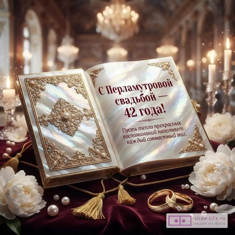 Открытая книга с перламутровой обложкой на бордовой ткани, фон размытый интерьер с люстрами и свечами. Текст: «С Перламутровой свадьбой — 42 года! Пусть тепло прекрасных воспоминаний наполняет каждый совместный миг.»