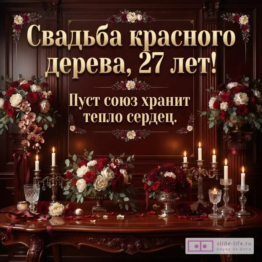 Фон темно-коричневый, деревянная панель. В центре золотой текст. По бокам и снизу цветочные композиции из красных и белых роз, свечи в подсвечниках, лепестки роз на столе. «Свадьба красного дерева, 27 лет! Пусть союз хранит тепло сердец.»
