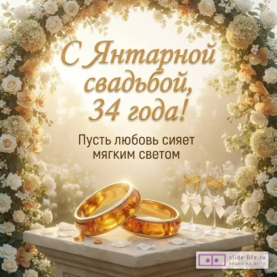 Фон светлый, бежевый. Арка из белых и бежевых роз. На переднем плане два золотых кольца с янтарем и два бокала. Текст: «С Янтарной свадьбой, 34 года! Пусть любовь сияет мягким светом»
