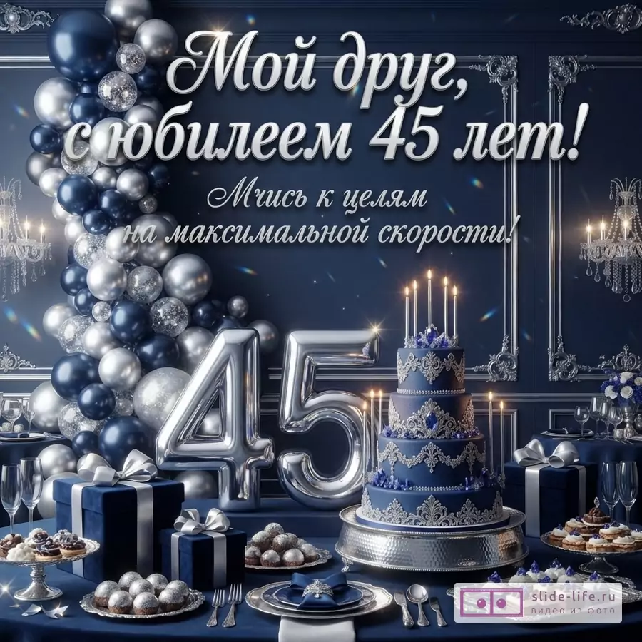 Темно-синий фон с гирляндой из серебряных и синих воздушных шаров, праздничный торт, подарки и цифры «45». Текст «Мой друг, с юбилеем 45 лет! Мчись к целям на максимальной скорости!»
