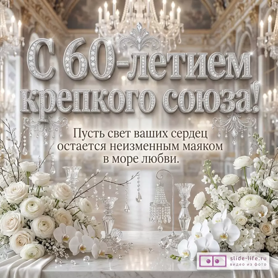 Белая и серебристая открытка с люстрами, цветочными композициями из белых роз и орхидей, хрустальными подвесками и текстом «С 60-летием крепкого союза! Пусть свет ваших сердец остается неизменным маяком в море любви.»