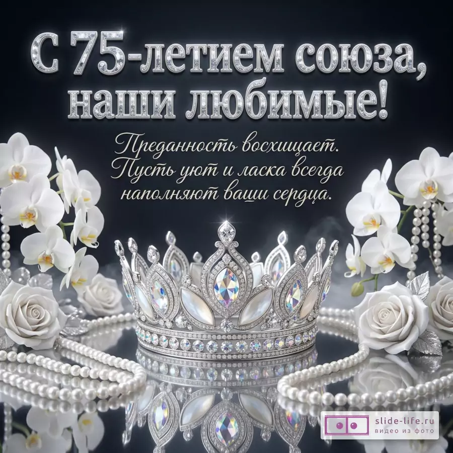Корона с кристаллами, белые орхидеи, розы и нити жемчуга на темном фоне с текстом «С 75-летием союза, наши любимые! Преданность восхищает. Пусть уют и ласка всегда наполняют ваши сердца.».