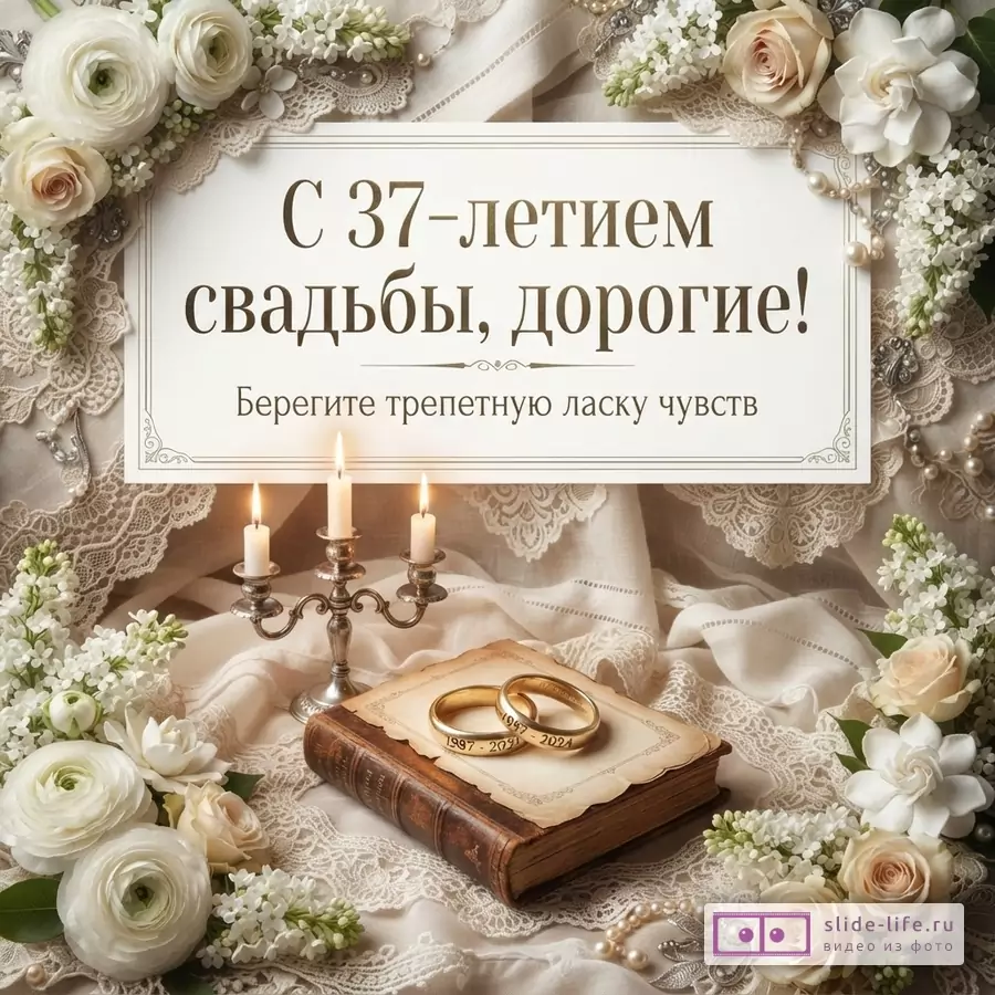 Бежевый фон, белая рамка, белые и кремовые цветы, жемчуг, свечи, книга, два золотых кольца. Надпись «С 37-летием свадьбы, дорогие! Берегите трепетную ласку чувств»