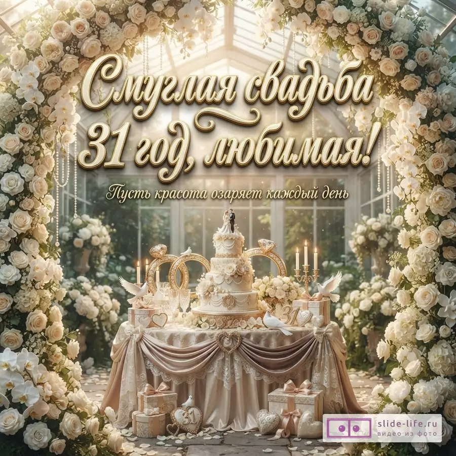 Золотистая открытка с цветочной аркой, свадебным тортом, свечами и подарками. Текст «Смуглая свадьба 31 год, любимая! Пусть красота озаряет каждый день.»