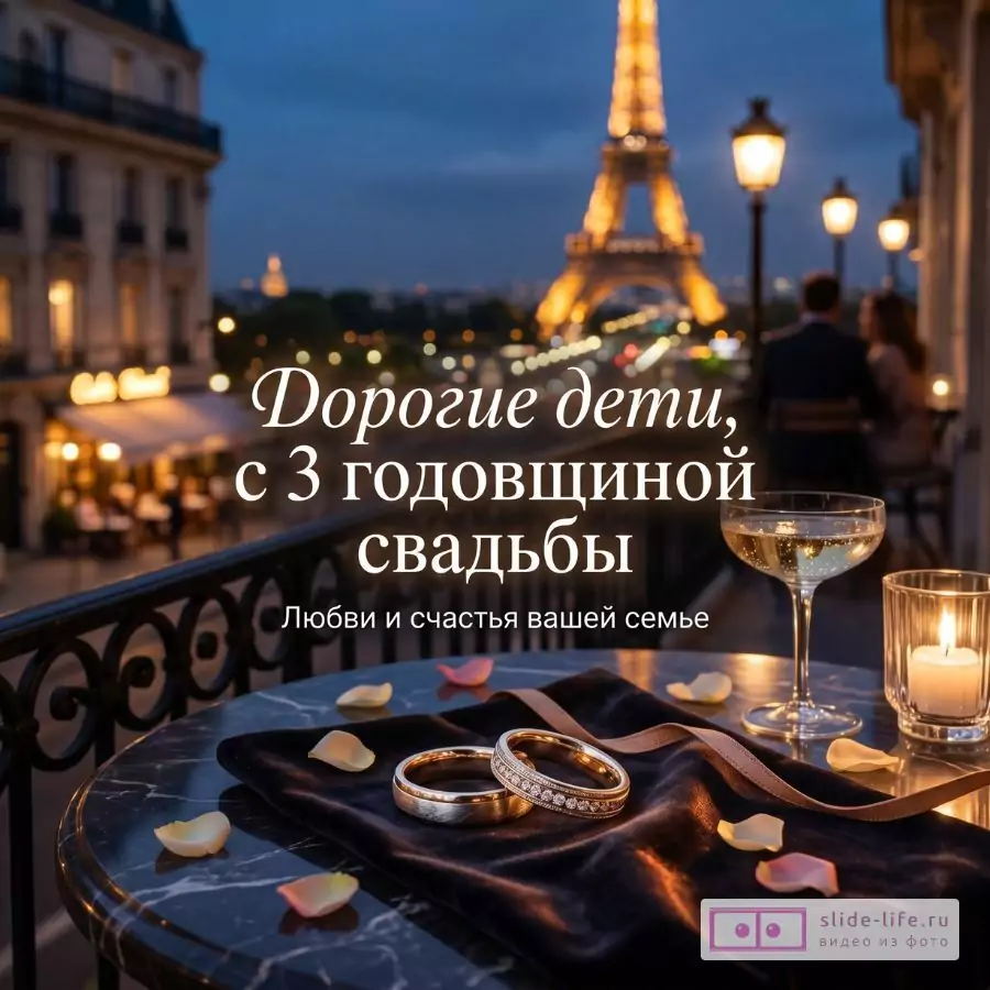 Синий вечерний фон с Эйфелевой башней и огнями города, стол с бокалом, свечой, лепестками и обручальными кольцами, текст «Дорогие дети, с 3 годовщиной свадьбы Любви и счастья вашей семье»