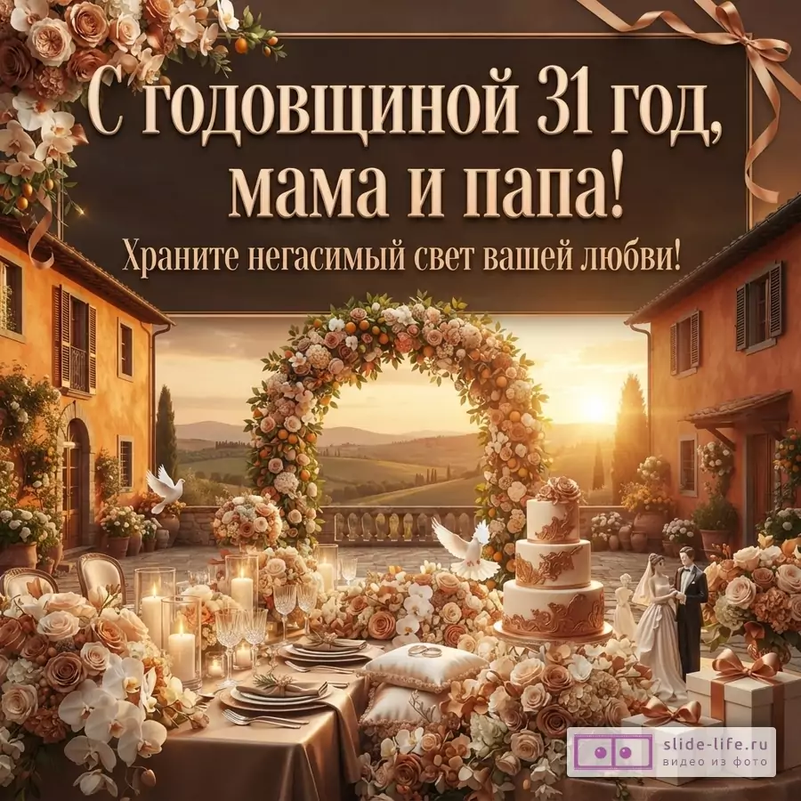 Праздничная открытка в теплых бежево-золотых тонах: цветочные арки, свадебный торт, стол с посудой и свечами. Текст «С годовщиной 31 год, мама и папа! Храните негасимый свет вашей любви!»