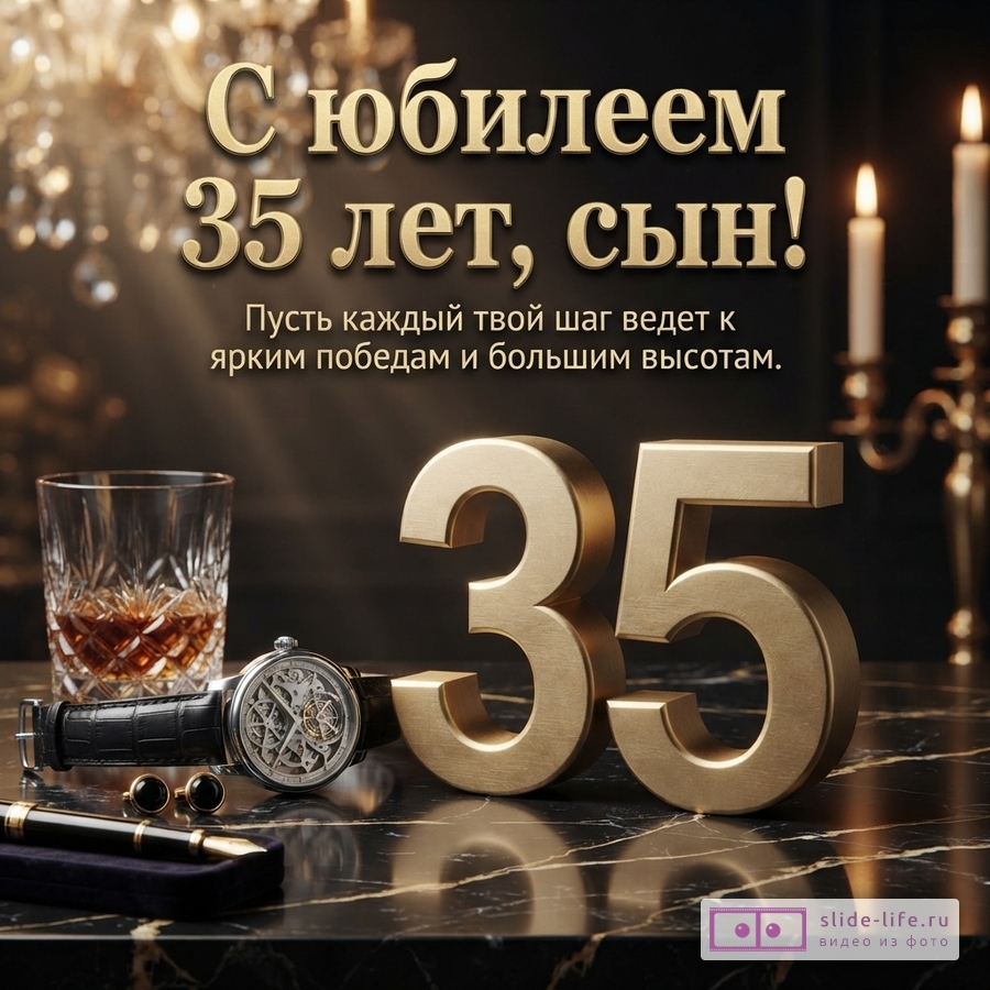 Объемная золотая цифра 35, наручные часы, бокал и свечи на черном мраморе с текстом «С юбилеем 35 лет, сын! Пусть каждый твой шаг ведет к ярким победам и большим высотам.»