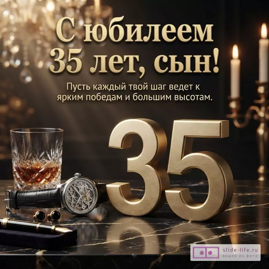 Объемная золотая цифра 35, наручные часы, бокал и свечи на черном мраморе с текстом «С юбилеем 35 лет, сын! Пусть каждый твой шаг ведет к ярким победам и большим высотам.»
