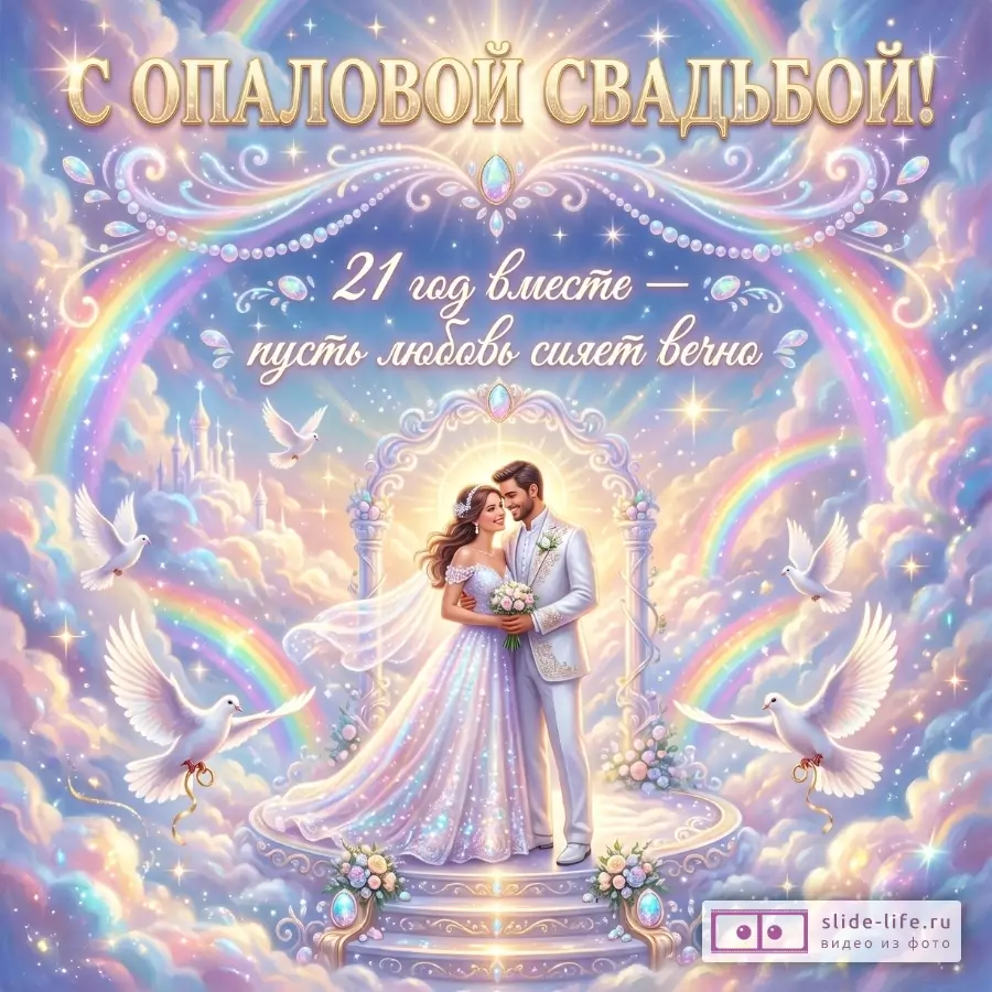 Фон в розово-голубых и сиреневых тонах с радугами, облаками и звездами. Жених и невеста у арки, белые голуби. Текст: «С ОПАЛОВОЙ СВАДЬБОЙ!», «21 год вместе — пусть любовь сияет вечно»