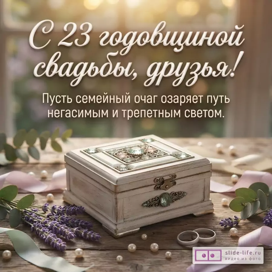 Шкатулка с камнями на деревянном столе среди лаванды, колец и жемчуга с текстом «С 23 годовщиной свадьбы, друзья! Пусть семейный очаг озаряет путь негасимым и трепетным светом.»
