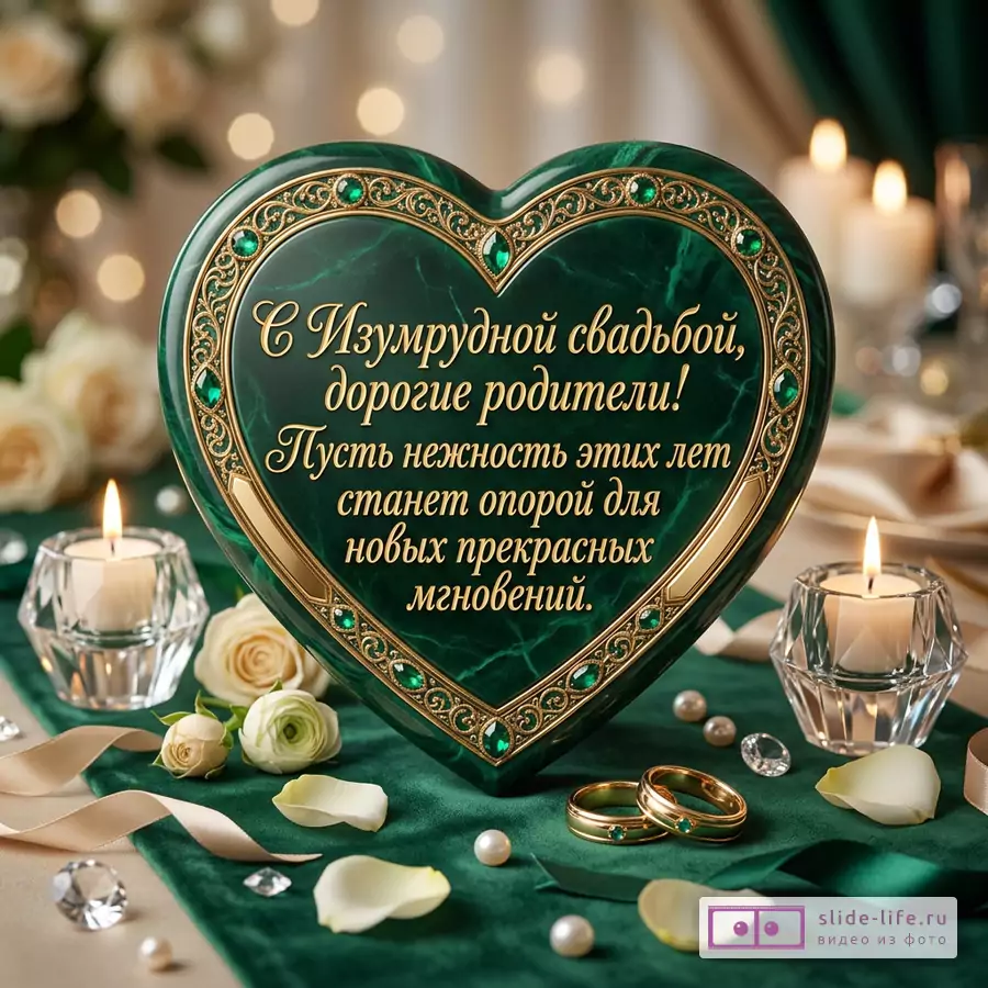 Открытка в форме сердца, изумрудно-зеленый фон, золотой орнамент, свечи, белые розы, лепестки, жемчуг, кристаллы, обручальные кольца, текст «С Изумрудной свадьбой, дорогие родители! Пусть нежность этих лет станет опорой для новых прекрасных мгновений.»