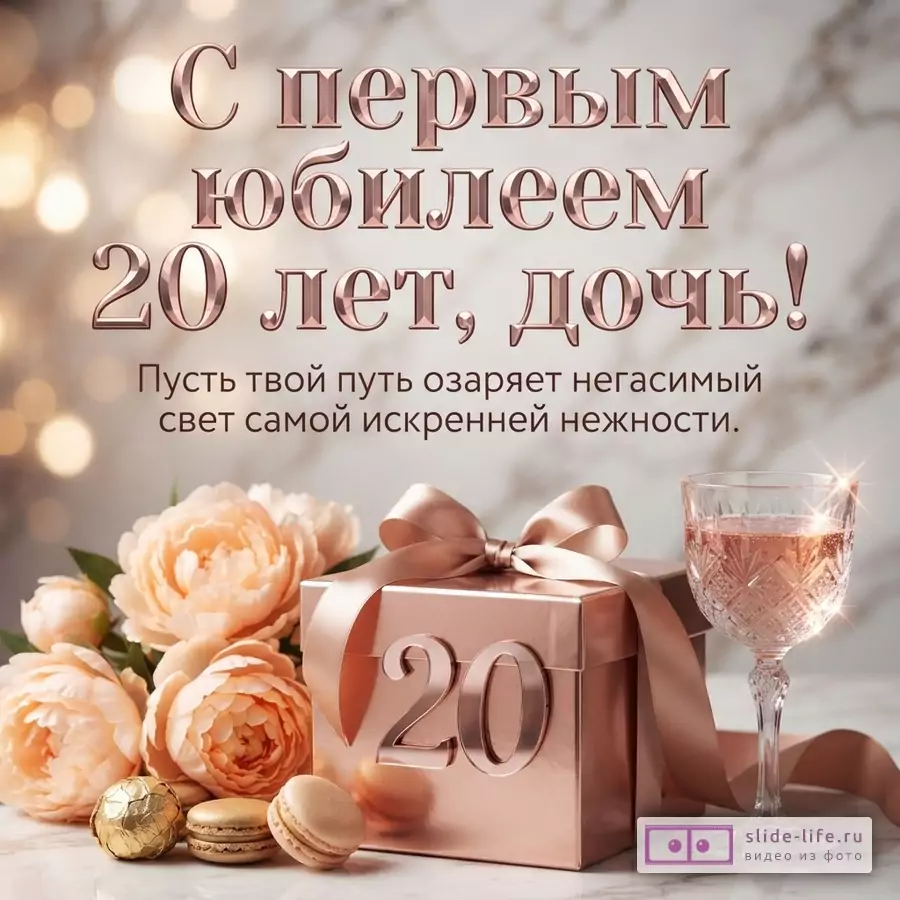 «С первым юбилеем 20 лет, дочь! Пусть твой путь озаряет негасимый свет самой искренней нежности.» на бежево-розовом фоне, цветы, подарок с цифрой 20, бокал