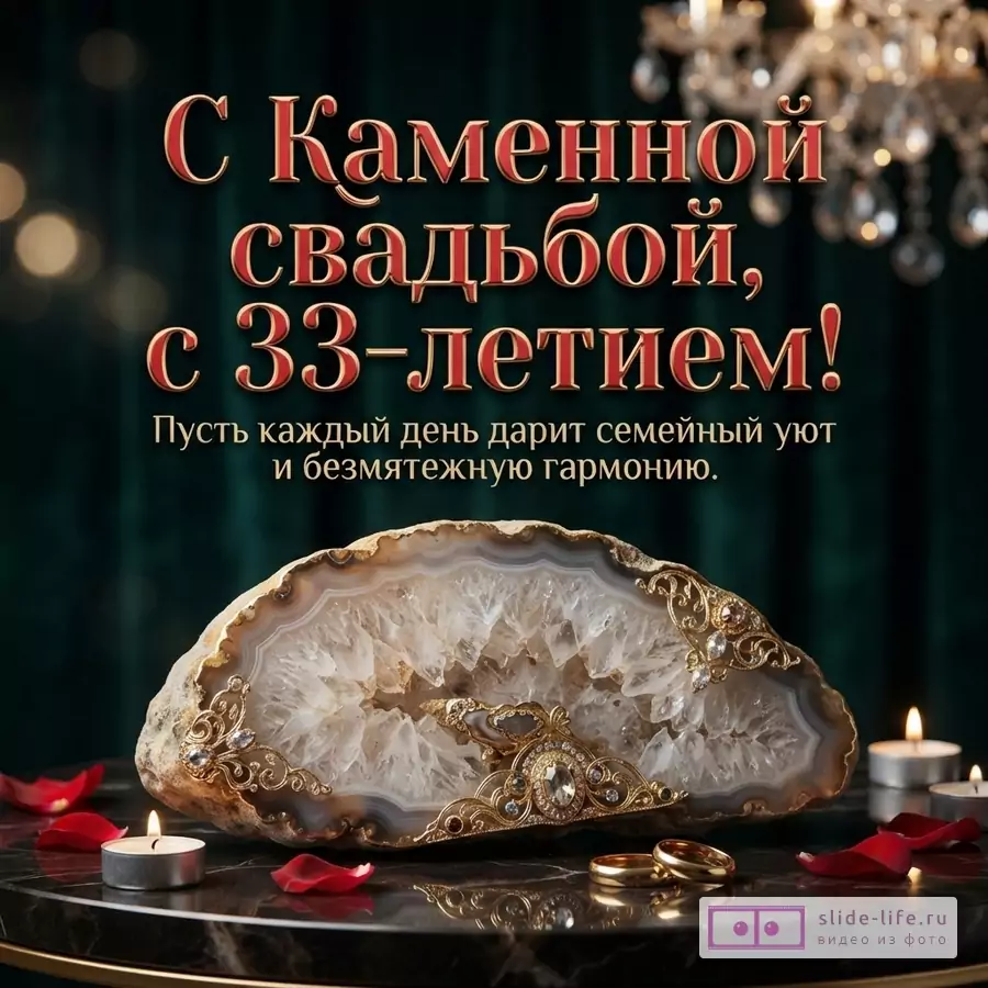 Открытка на темно-зеленом фоне с золотой люстрой. В центре крупный текст красного цвета «С Каменной свадьбой, с 33-летием!». Ниже текст белого цвета «Пусть каждый день дарит семейный уют и безмятежную гармонию.». Внизу на черном мраморном столе лежит срез камня агата с золотым декором, лепестки роз, две свечи и два золотых обручальных кольца.