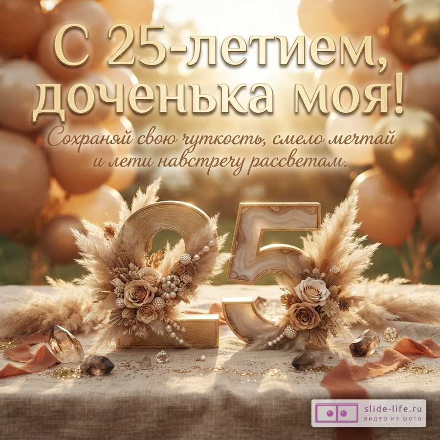 Объемная цифра 25 с цветами и пампасной травой на фоне бежевых шаров с текстом: «С 25-летием, доченька моя! Сохраняй свою чуткость, смело мечтай и лети навстречу рассветам.»