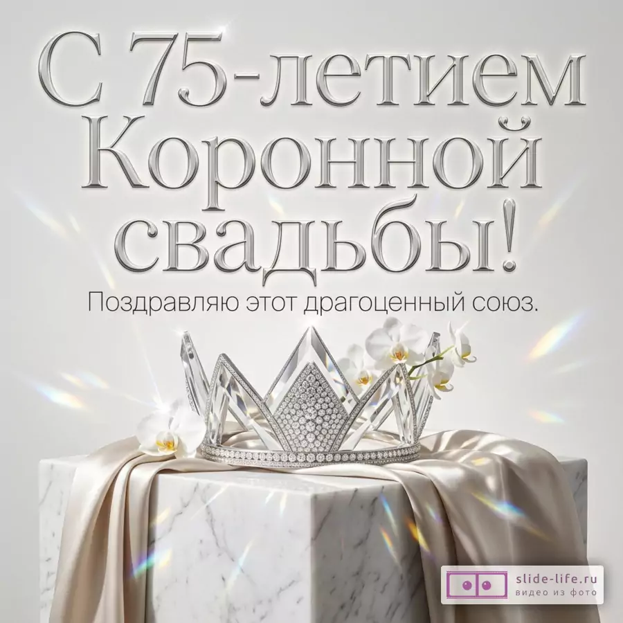 Сверкающая корона с кристаллами и белые орхидеи на мраморном кубе, надпись «С 75-летием Коронной свадьбы! Поздравляю этот драгоценный союз.» на светлом фоне.