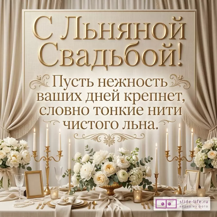 Бежево-золотая открытка с драпировкой, цветами, свечами и сервированным столом. Текст: «С Льняной Свадьбой! Пусть нежность ваших дней крепнет, словно тонкие нити чистого льна.»