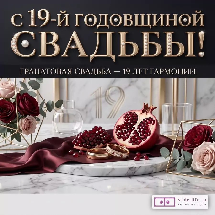 Темный черный и бело-серый мраморный фон, бордовая ткань, гранат, зерна граната, обручальные кольца, бордовые и кремовые розы, текст «С 19-й годовщиной СВАДЬБЫ! ГРАНАТОВАЯ СВАДЬБА — 19 ЛЕТ ГАРМОНИИ»