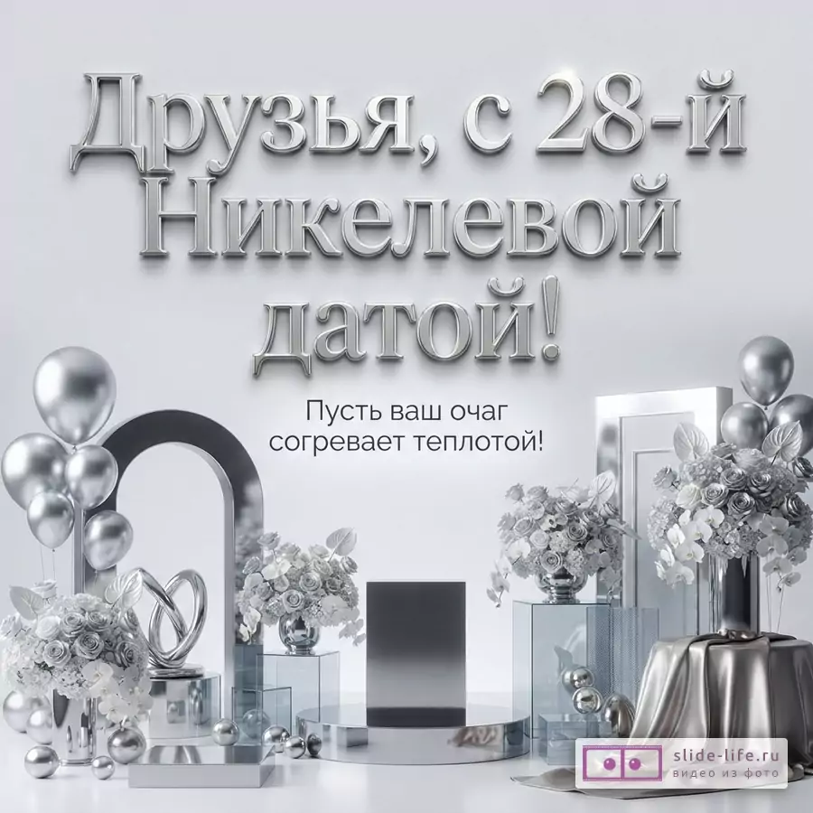Светло-серый фон, серебряные буквы, текст «Друзья, с 28-й Никелевой датой! Пусть ваш очаг согревает теплотой!»