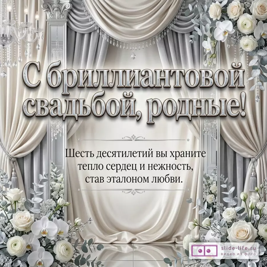 Белая и серебристая открытка с драпировками, колоннами, люстрой, белыми цветами и текстом «С бриллиантовой свадьбой, родные! Шесть десятилетий вы храните тепло сердец и нежность, став эталоном любви.»