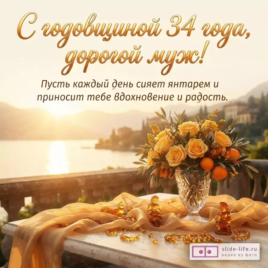 Открытка с янтарным фоном, на переднем плане стол с янтарными бусами, вазой желтых роз и мандаринов. Текст: «С годовщиной 34 года, дорогой муж! Пусть каждый день сияет янтарем и приносит тебе вдохновение и радость.»