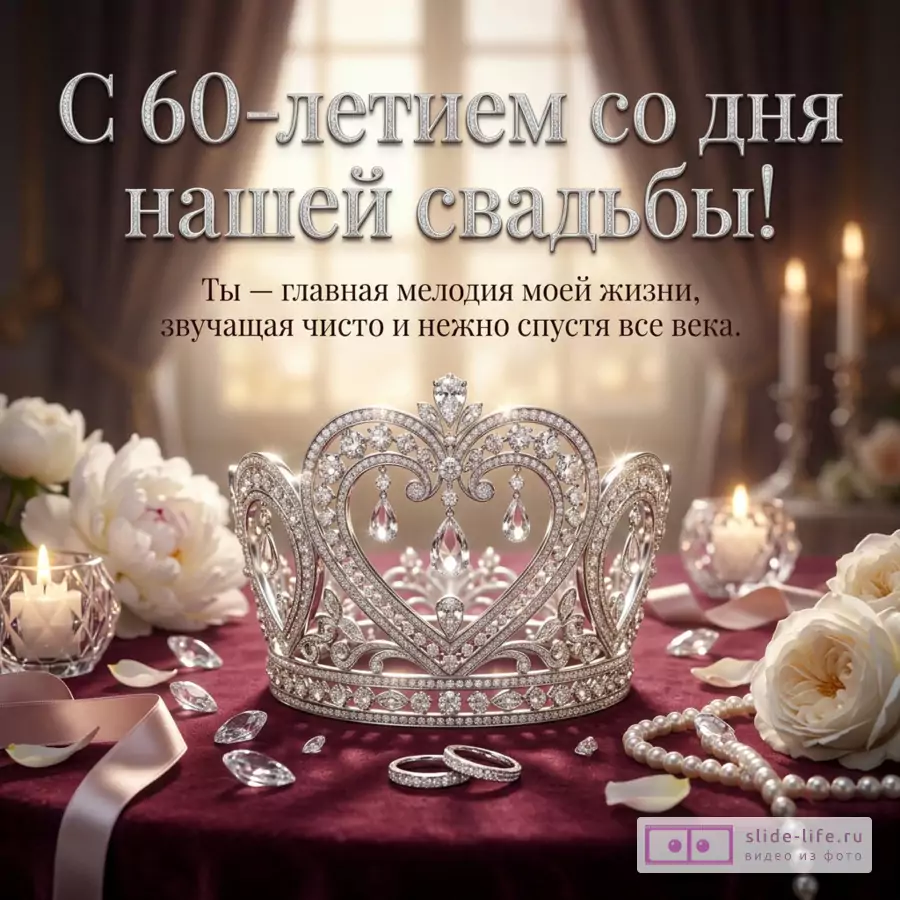 Открытка с серебристой короной в форме сердца, обручальными кольцами, свечами, белыми цветами и жемчугом на бордовом фоне, текст: «С 60-летием со дня нашей свадьбы! Ты — главная мелодия моей жизни, звучащая чисто и нежно спустя все века.»