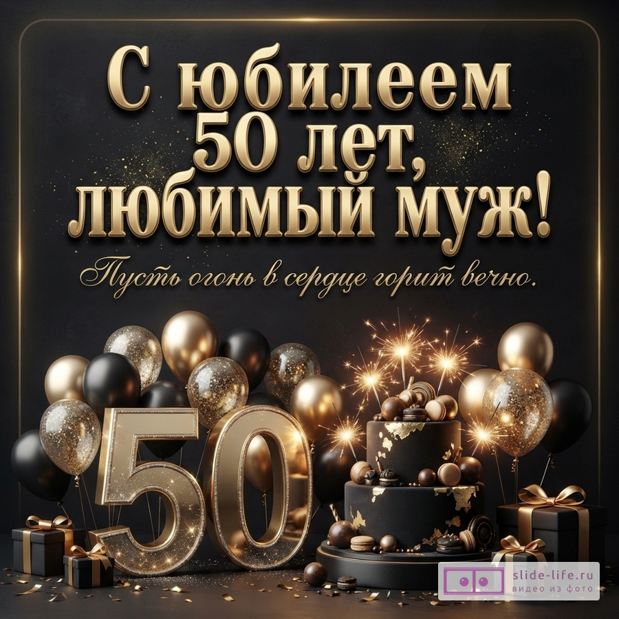 Черный фон, золотые буквы, золотые шары, черные шары, золотые цифры «50», черный торт, золотые подарки. Текст: «С юбилеем 50 лет, любимый муж! Пусть огонь в сердце горит вечно.»