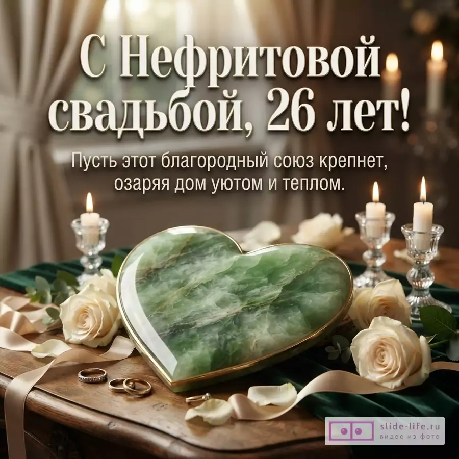 Светлый праздничный фон, зеленое сердце из нефрита, свечи, белые розы, ленты. Текст «С Нефритовой свадьбой, 26 лет! Пусть этот благородный союз крепнет, озаряя дом уютом и теплом.»