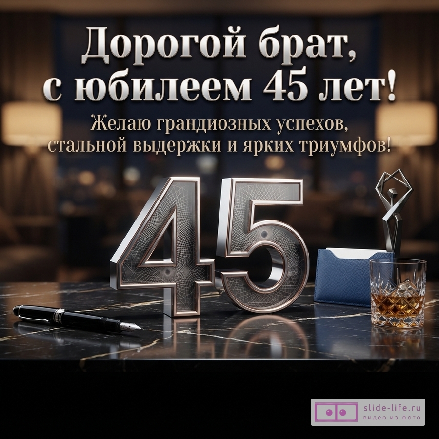 Открытка с темным фоном, на переднем плане черная мраморная столешница, на ней ручка, объемные цифры «45», синий картхолдер, стакан с виски. Текст: «Дорогой брат, с юбилеем 45 лет! Желаю грандиозных успехов, стальной выдержки и ярких триумфов!»