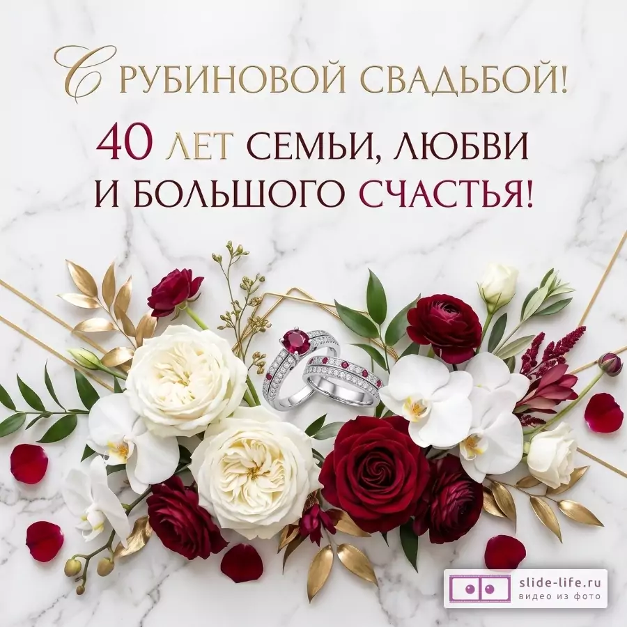 Белый мраморный фон, бордовые, белые и золотые цветы, два кольца с рубинами; текст «С рубиновой свадьбой! 40 лет семьи, любви и большого счастья!»