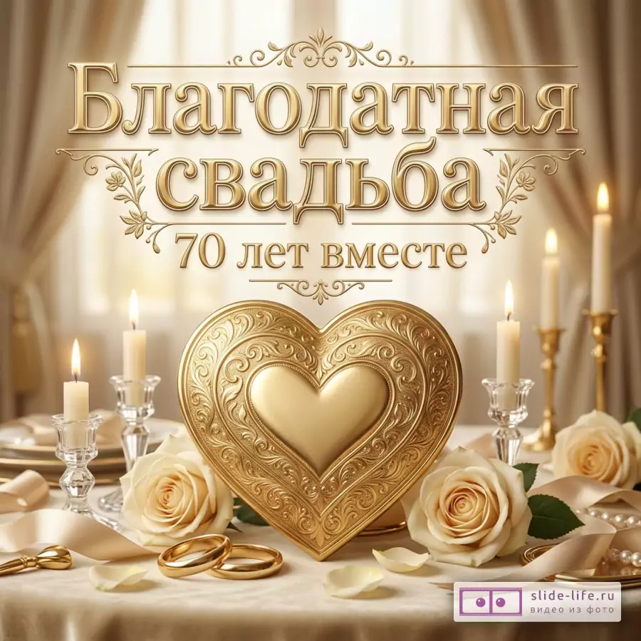 Золотистая открытка с текстом «Благодатная свадьба 70 лет вместе», декоративным сердцем, белыми розами, обручальными кольцами, свечами и светлым фоном с драпировкой