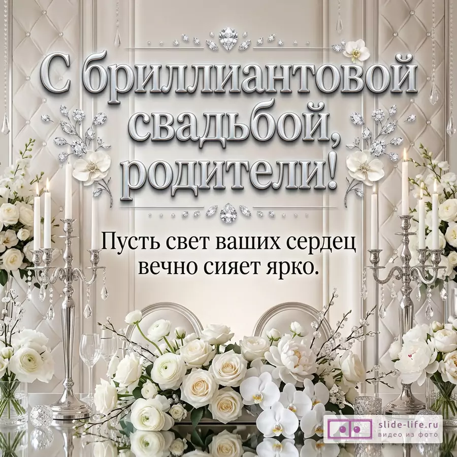 Светлая открытка с белыми цветами, свечами, серебристыми канделябрами и текстом «С бриллиантовой свадьбой, родители! Пусть свет ваших сердец вечно сияет ярко.»