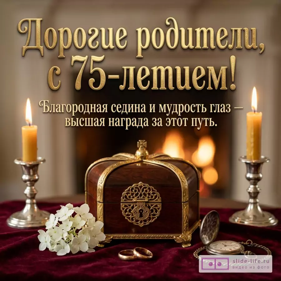 Шкатулка, обручальные кольца, свечи и часы у камина с надписью: «Дорогие родители, с 75-летием! Благородная седина и мудрость глаз — высшая награда за этот путь.»