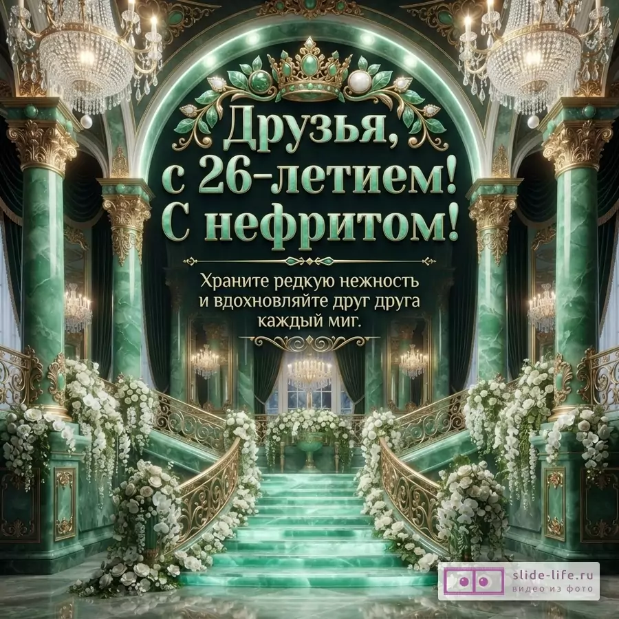 Интерьер нефритового зала с лестницей, колоннами, люстрами, белыми цветами и текстом «Друзья, с 26-летием! С нефритом! Храните редкую нежность и вдохновляйте друг друга каждый миг.»