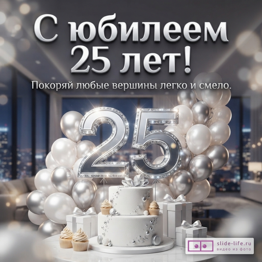 Двухъярусный белый торт с большой серебряной цифрой 25, серебристые и белые воздушные шары, подарки и надпись «С юбилеем 25 лет! Покоряй любые вершины легко и смело.»