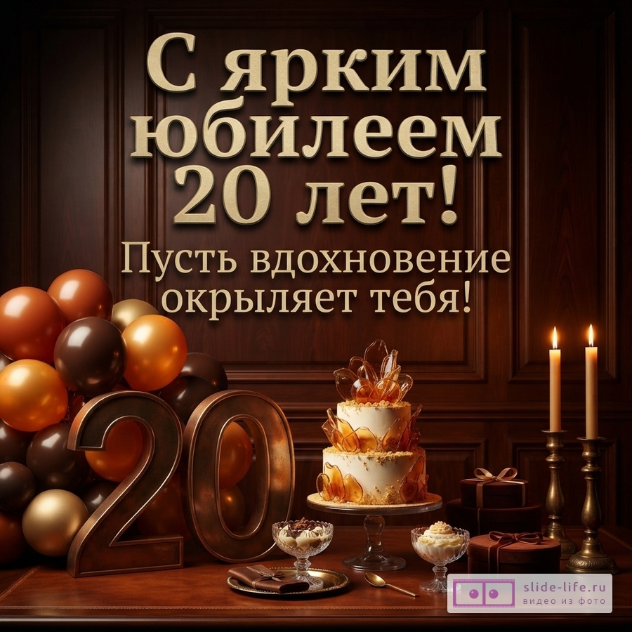 Тёмно-коричневый фон, крупная надпись «С ярким юбилеем 20 лет! Пусть вдохновение окрыляет тебя!», число 20, воздушные шары, торт, свечи и подарки.