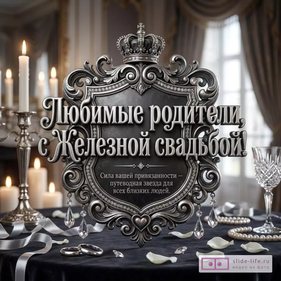 Серебристая декоративная табличка с короной, свечи, кольца, лепестки, жемчуг, бокал на темном фоне, текст «Любимые родители, с Железной свадьбой! Сила вашей привязанности — путеводная звезда для всех близких людей.»