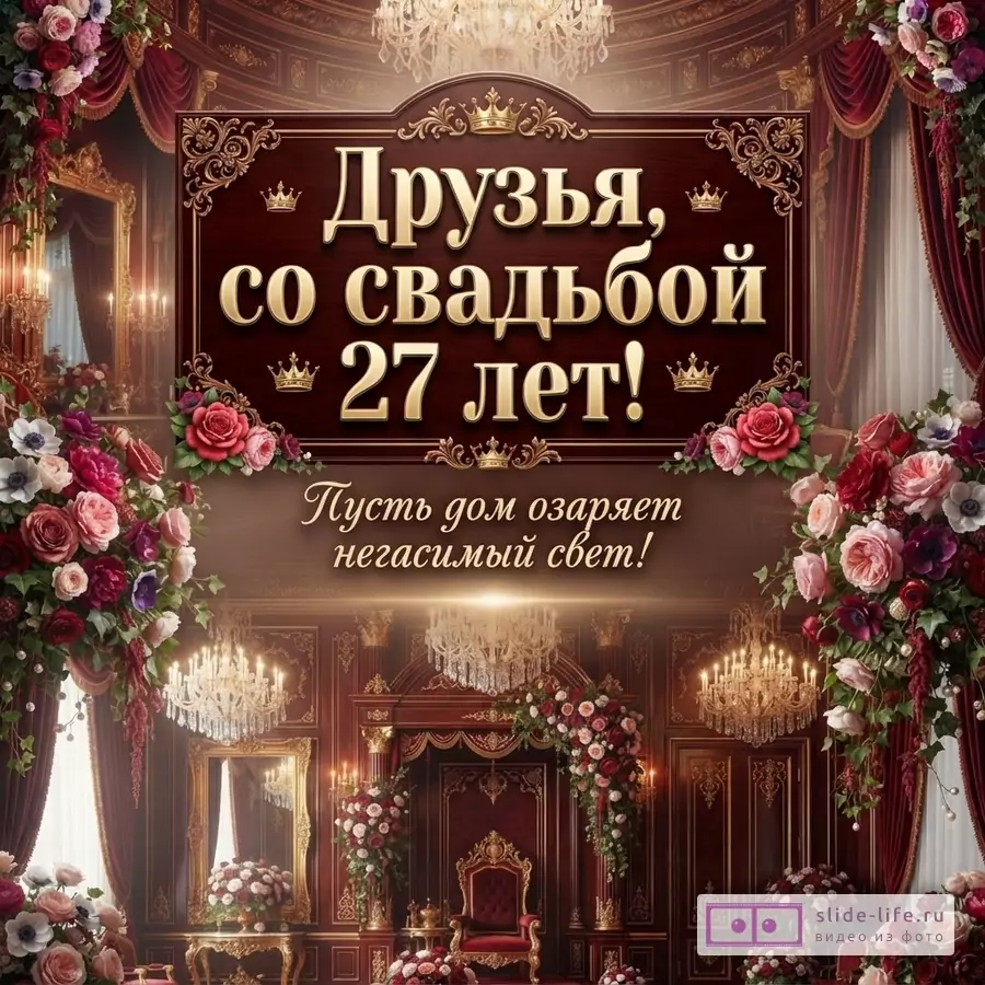 Открытка с красным фоном, золотыми узорами и цветами. Текст: «Друзья, со свадьбой 27 лет! Пусть дом озаряет негасимый свет!»