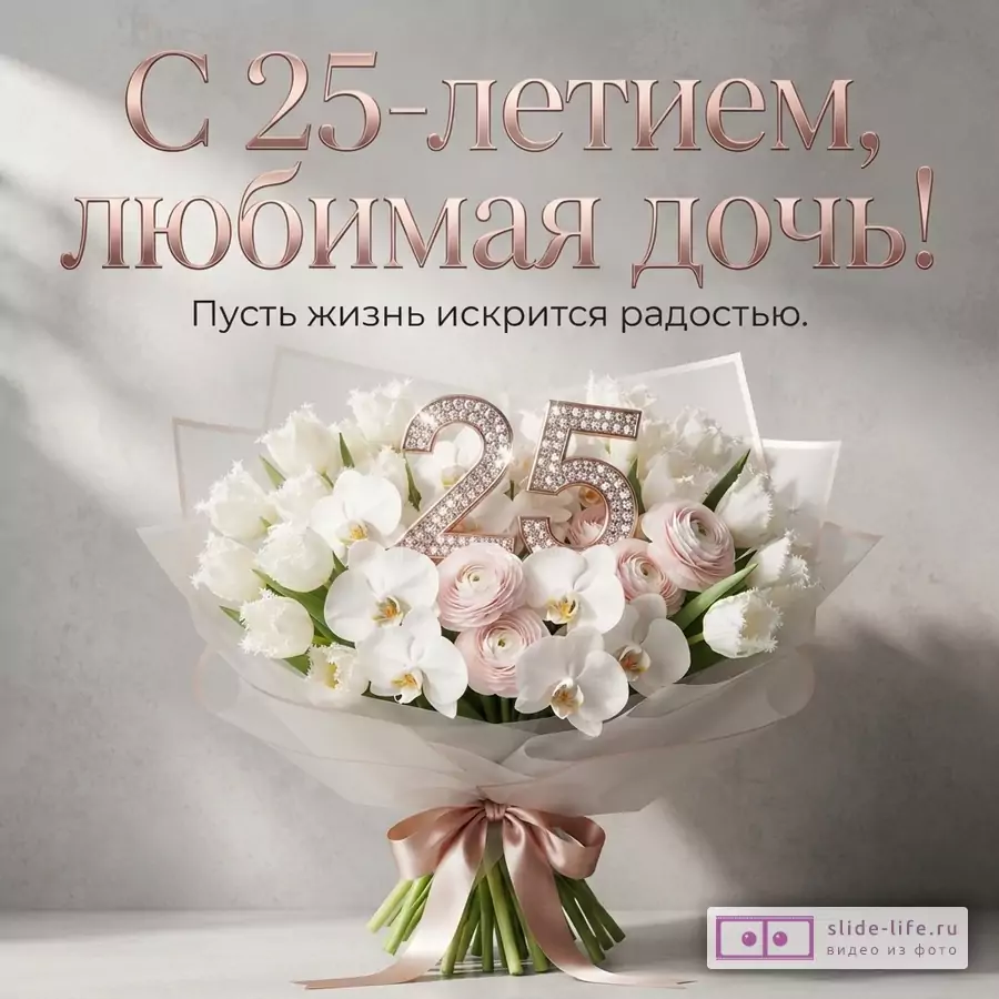 Серый фон, букет белых и розовых цветов, декоративная цифра 25, текст «С 25-летием, любимая дочь! Пусть жизнь искрится радостью.»