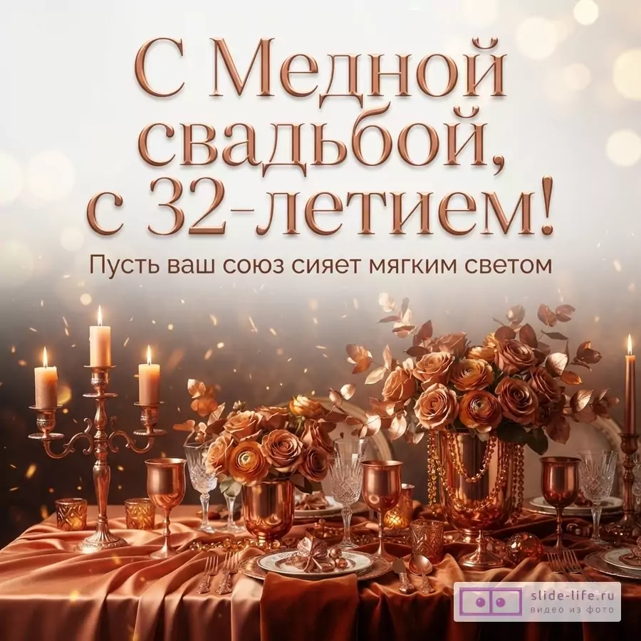 Открытка с медной свадьбой. Фон светло-коричневый с эффектом боке. В центре надпись медного цвета «С Медной свадьбой, с 32-летием!». Ниже надпись черного цвета «Пусть ваш союз сияет мягким светом». В нижней части изображения накрытый стол с медными элементами декора, свечами и цветами.