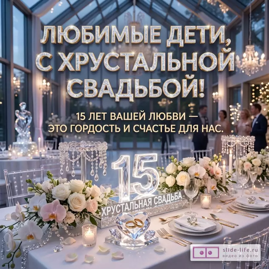 Поздравление детям с 15 годовщиной свадьбы — открытка на хрустальную свадьбу от мамы и папы