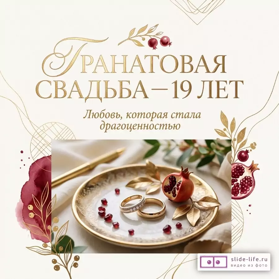 Белый фон с золотыми линиями, бордовыми и зелеными акцентами, гранатами и листьями, тарелка с двумя кольцами и зернами граната. Текст: «ГРАНАТОВАЯ СВАДЬБА — 19 ЛЕТ Любовь, которая стала драгоценностью»