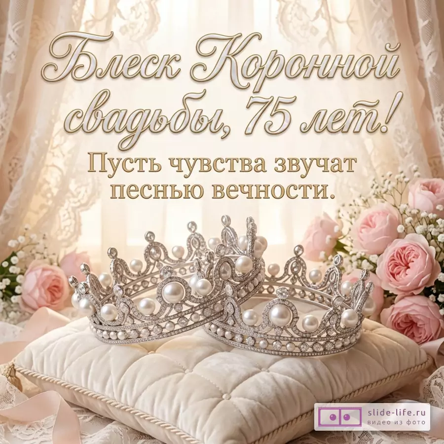 Две короны с жемчугом на подушке рядом с розовыми розами и надпись «Блеск Коронной свадьбы, 75 лет! Пусть чувства звучат песнью вечности.»