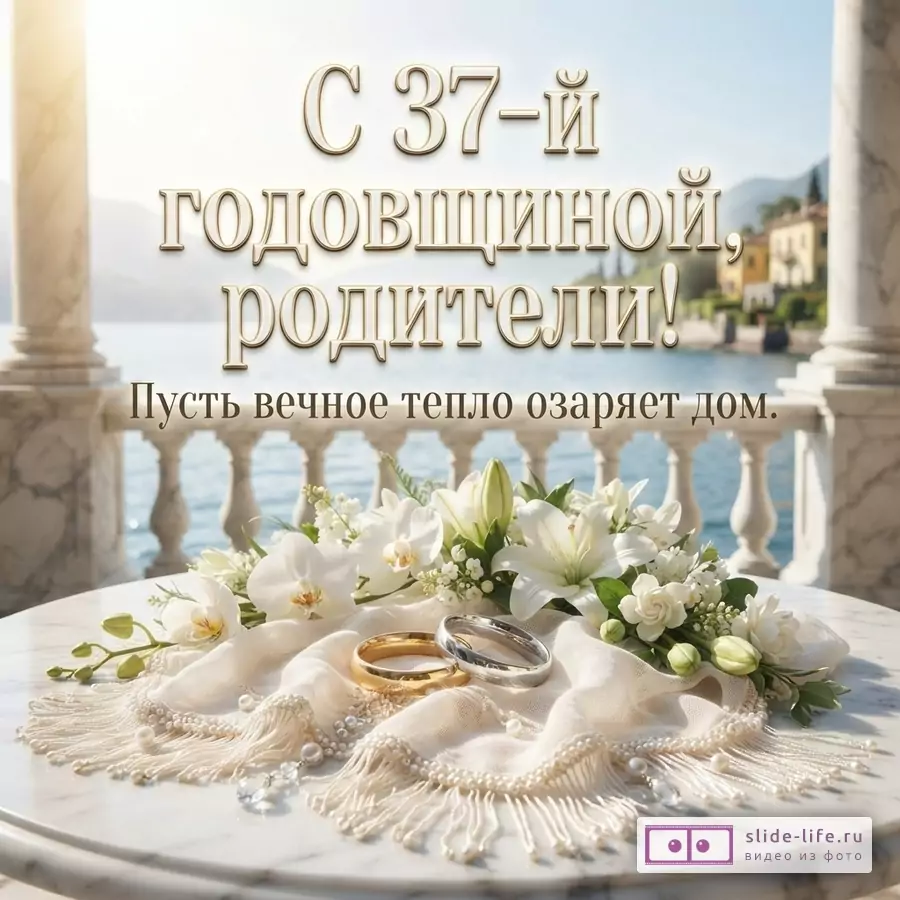 Открытка с видом на озеро и горы, на переднем плане мраморный стол с букетом белых цветов, двумя кольцами и тканью. Текст: «С 37-й годовщиной, родители! Пусть вечное тепло озаряет дом.»