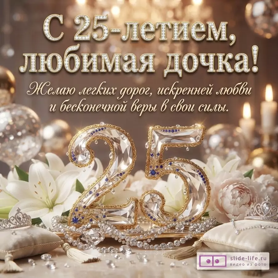 Хрустальная цифра 25 в окружении белых лилий, пионов и диадем с надписью «С 25-летием, любимая дочка! Желаю легких дорог, искренней любви и бесконечной веры в свои силы.» на золотистом фоне.