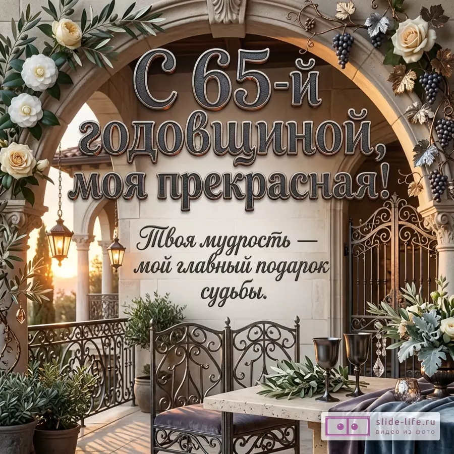 Арка террасы с цветами, виноградом, кованой мебелью, столом с бокалами и текстом «С 65-й годовщиной, моя прекрасная! Твоя мудрость — мой главный подарок судьбы.»