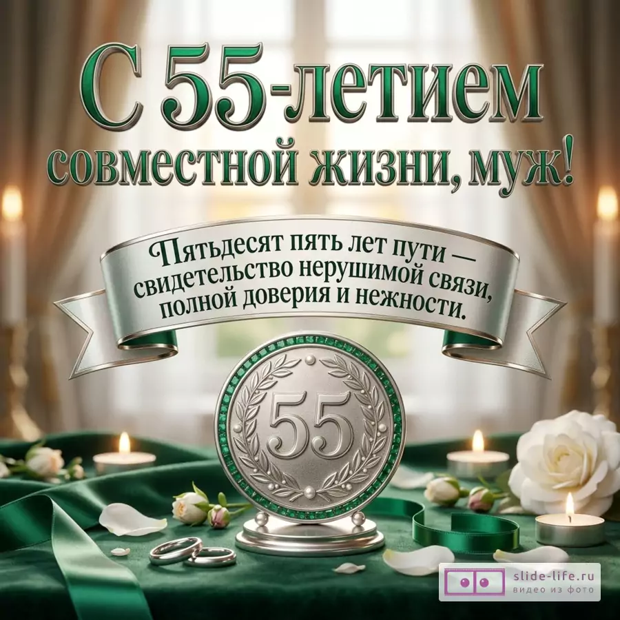 Открытка с текстом «Happy 55th wedding anniversary, husband! Fifty-five years of travel—testimony to an unbreakable bond, full of trust and affection.», бежевый фон, зеленая лента, белые розы, свечи, кольца, круглая эмблема «55»