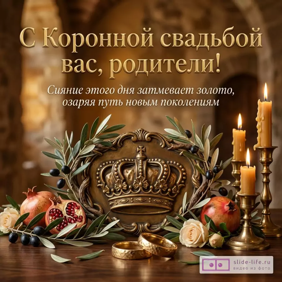 Бронзовый барельеф короны, золотые кольца, горящие свечи, ветви оливы и гранаты с текстом: «С Коронной свадьбой вас, родители! Сияние этого дня затмевает золото, озаряя путь новым поколениям».